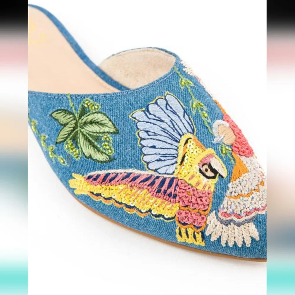 Fizzy Mules Blue w/ Bird Embroidered Mules Size EU38 (Runs Small Wears Like a 37 - Picture 4 of 5